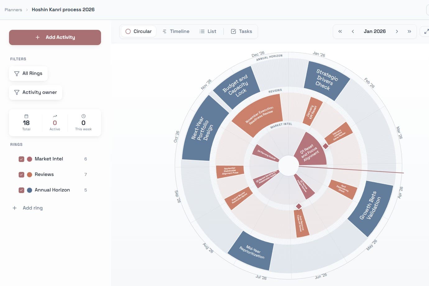 Planorbi Annual Planner with team rings, initiatives and milestones across the year